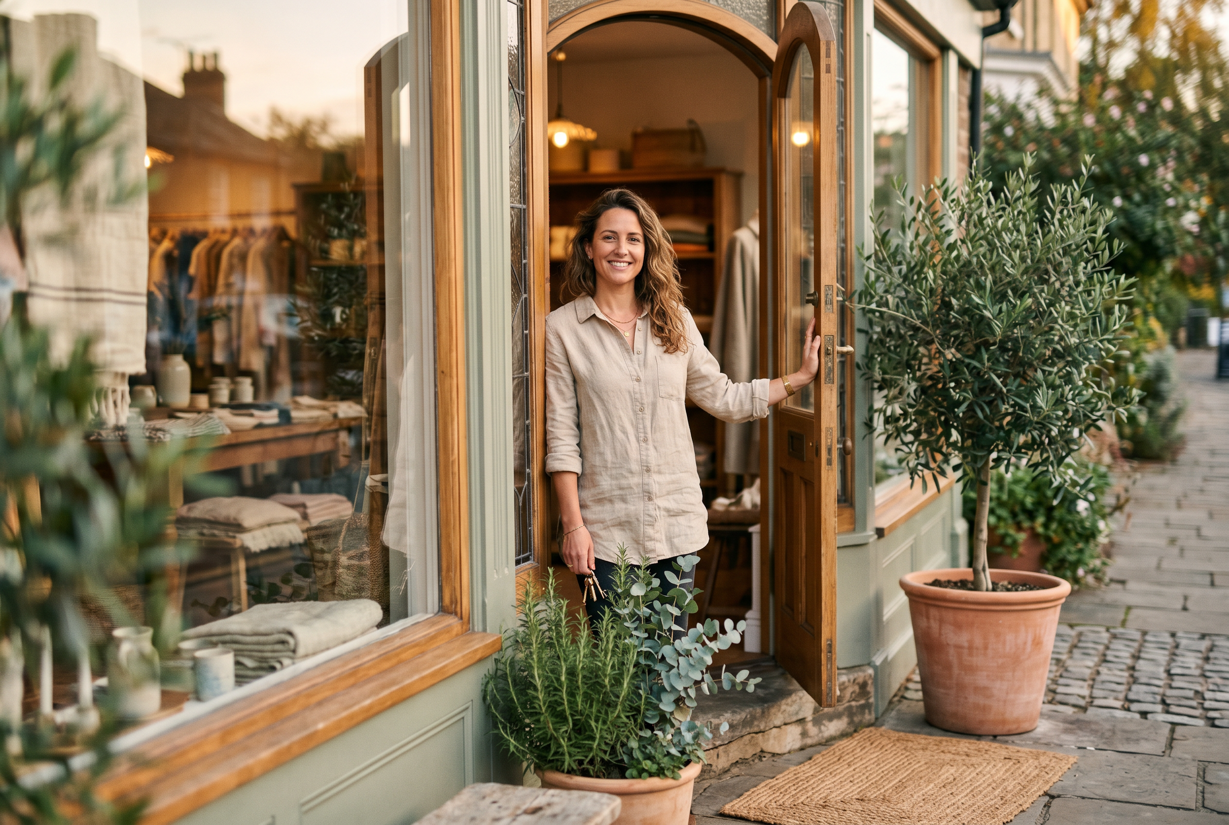 A small-business owner welcoming a customer at their storefront in warm evening light