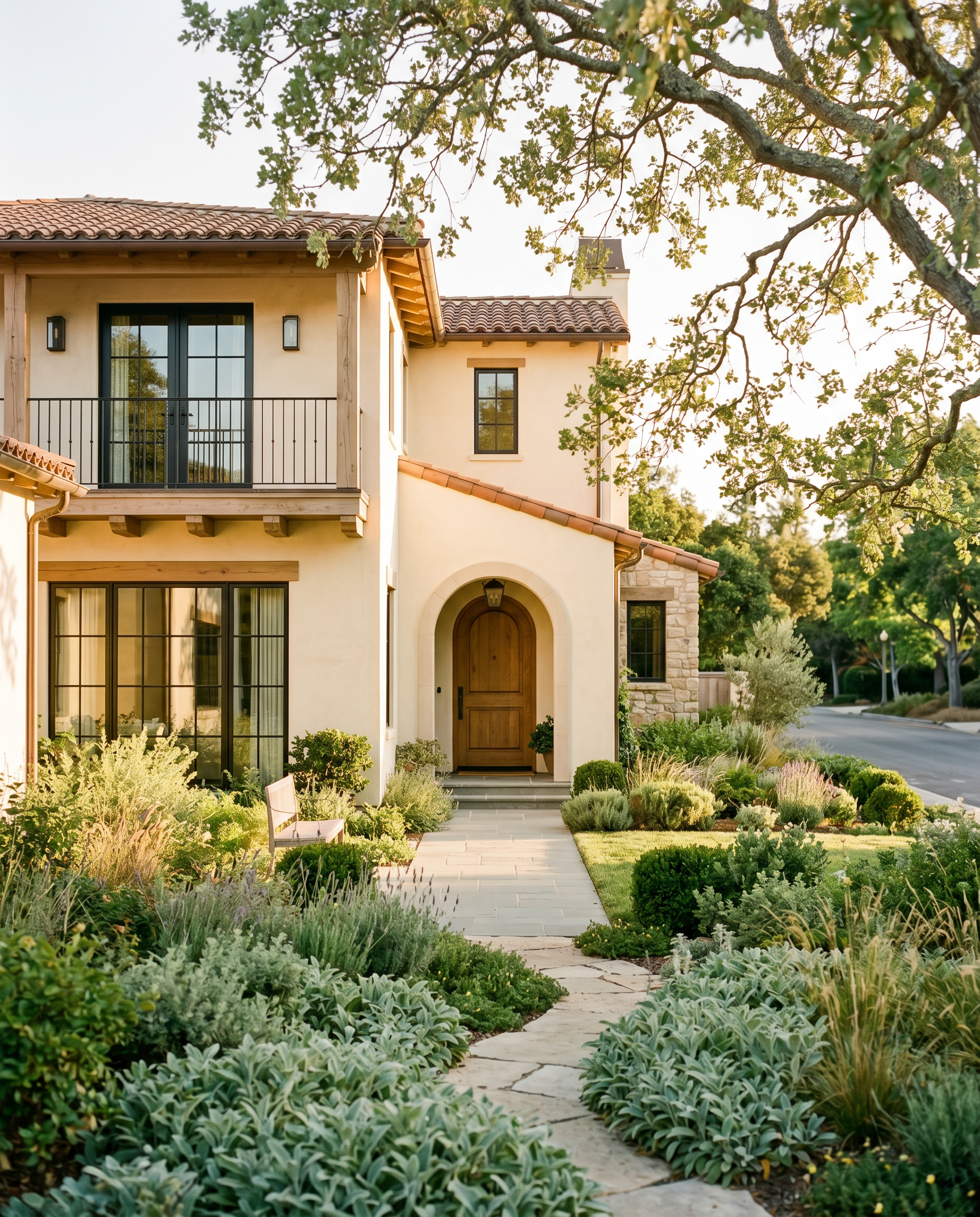 Golden-hour light on an elegant California family home framed by soft greenery