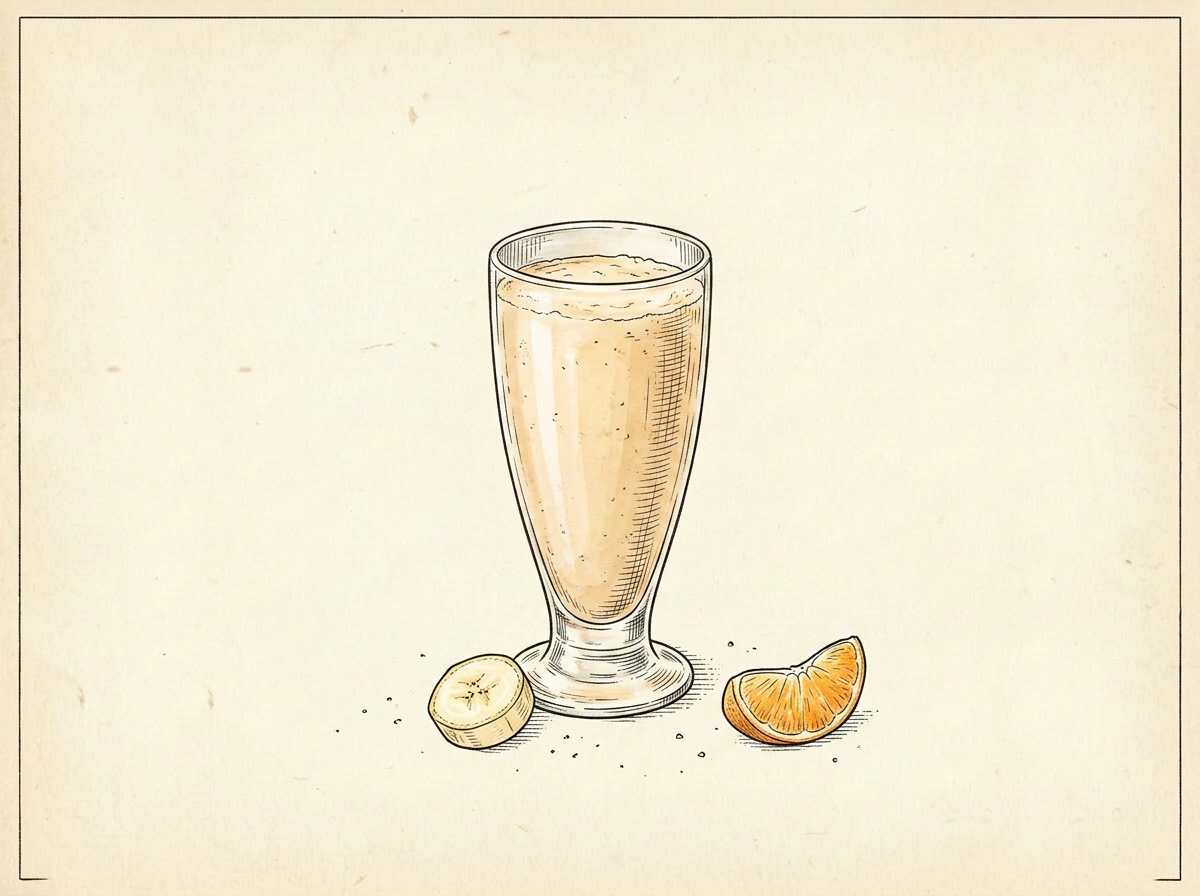 Hand-drawn illustration of a tall glass of creamy banana-orange smoothie with a banana slice and orange segment