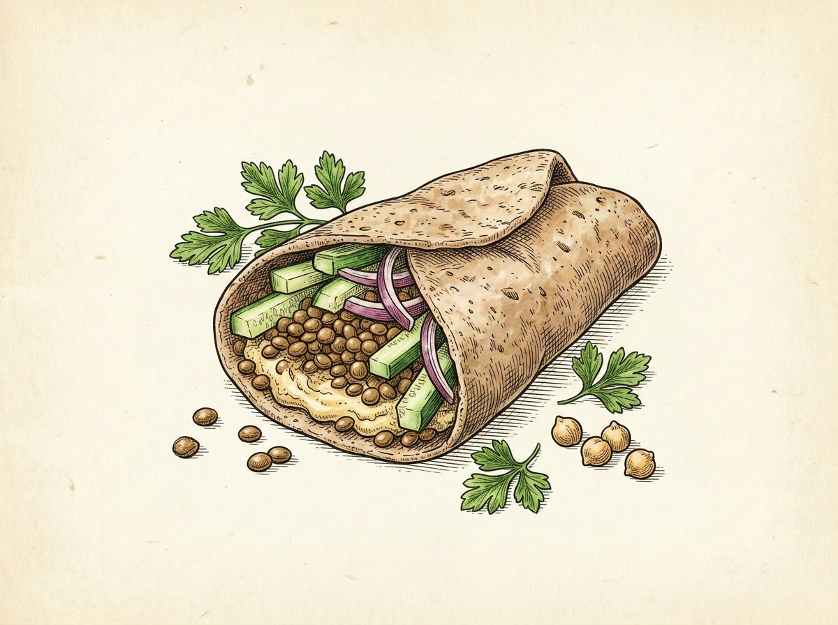 Hand-drawn illustration of a whole-wheat pita wrap filled with brown lentils, hummus, cucumber, and red onion