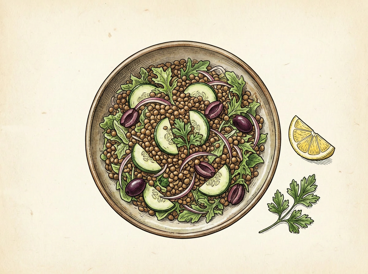 Hand-drawn illustration of a bowl of brown lentil salad with cucumber, red onion, kalamata olives, and greens