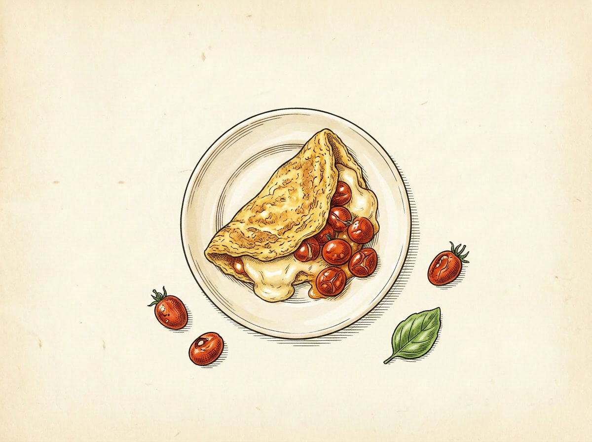 Hand-drawn illustration of a folded omelet on a plate oozing melted provolone with blistered grape tomatoes spilling out