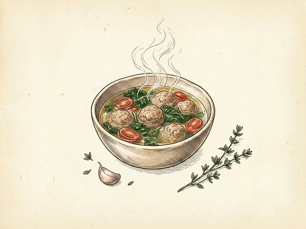 Hand-drawn illustration of a rustic bowl of brothy soup with turkey meatballs, wilted greens, and halved grape tomatoes, steam rising