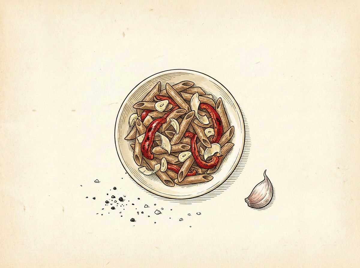 Hand-drawn illustration of a bowl of whole-wheat penne tossed with roasted red bell peppers, sliced garlic, and shaved provolone