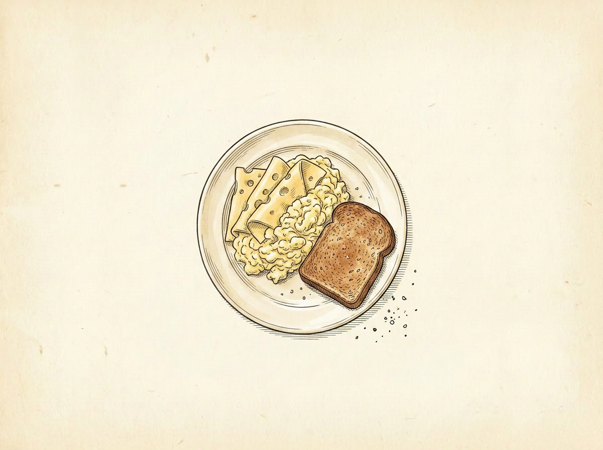 Hand-drawn illustration of a breakfast plate with soft scrambled eggs, folded swiss cheese, and whole-wheat toast