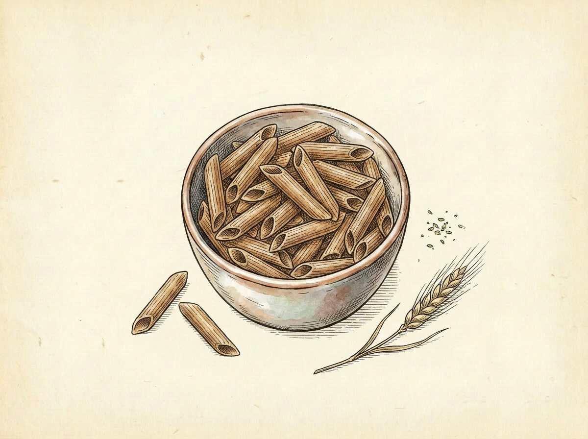 Hand-drawn illustration of a bowl of dry whole wheat penne tubes beside a stalk of wheat