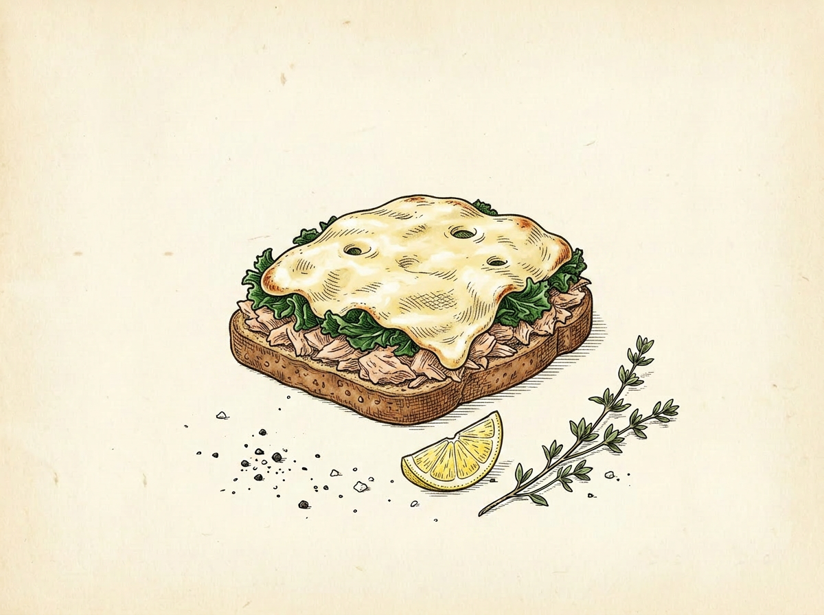 Hand-drawn illustration of an open-face tuna melt on whole-wheat toast topped with wilted kale and bubbling melted swiss cheese