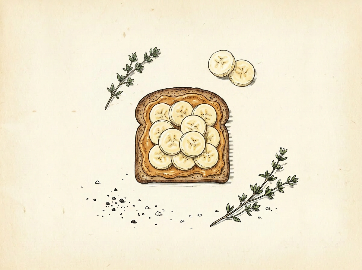 Hand-drawn illustration of whole-wheat toast spread with peanut butter and topped with banana coins