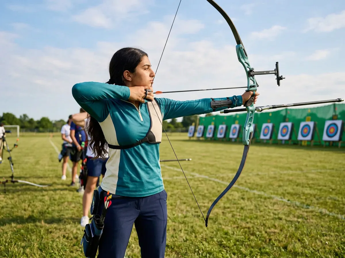 Middle Eastern youth archer in teal competing on a sunny outdoor range