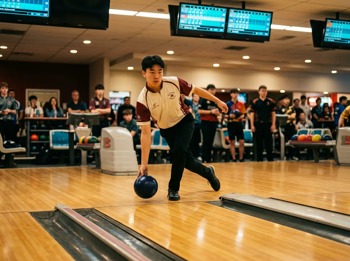 East Asian youth bowler in cream and maroon releasing the ball during a tournament