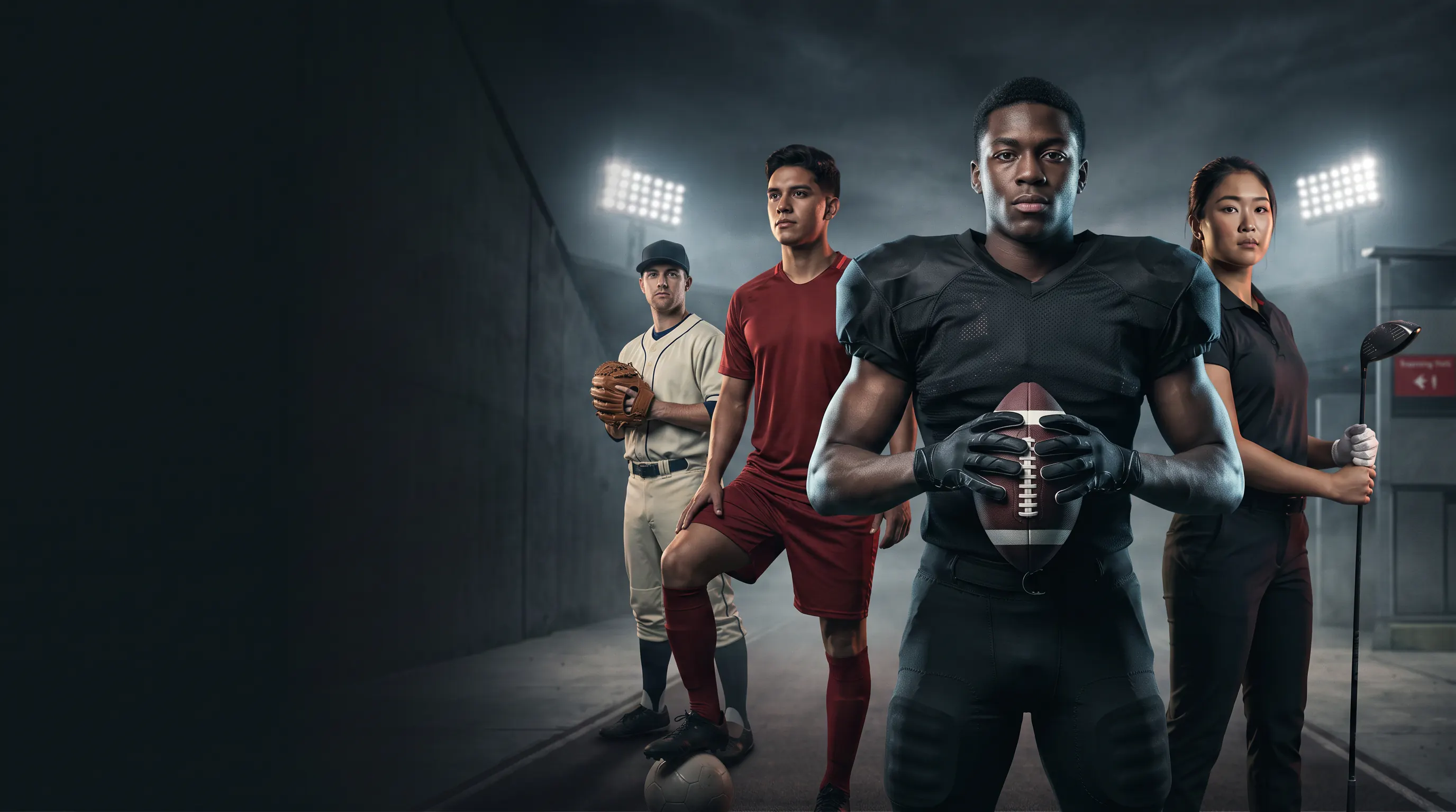 Young Black football athlete leading baseball, soccer, and golf athletes beneath stadium lights