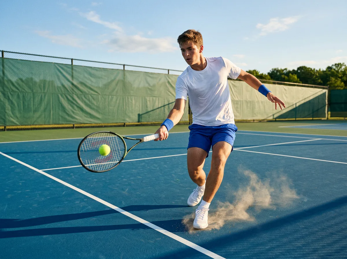 White tennis athlete in blue and white striking a forehand on a sunlit outdoor court