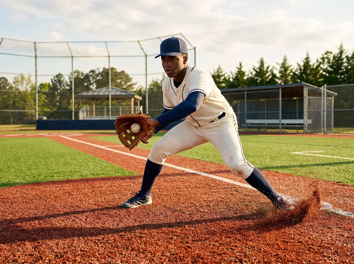 Black youth baseball athlete in a cream and navy uniform fielding on a sunny school diamond
