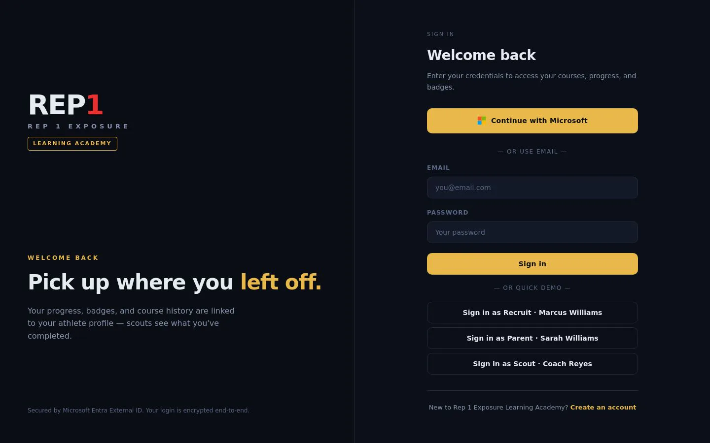 Rep 1 Learning Academy course progress interface