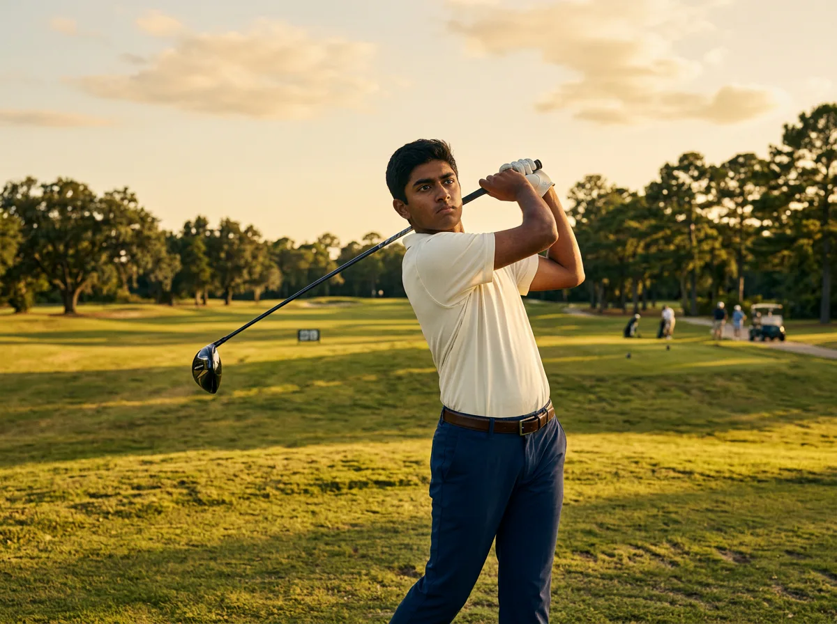 South Asian youth golfer in cream and navy completing a drive at golden hour