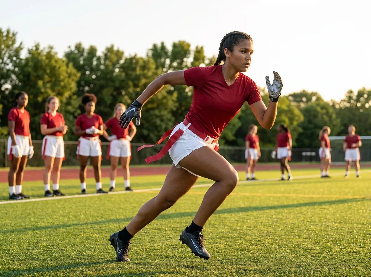 Black female flag football athlete in red and white running a route on a sunlit field