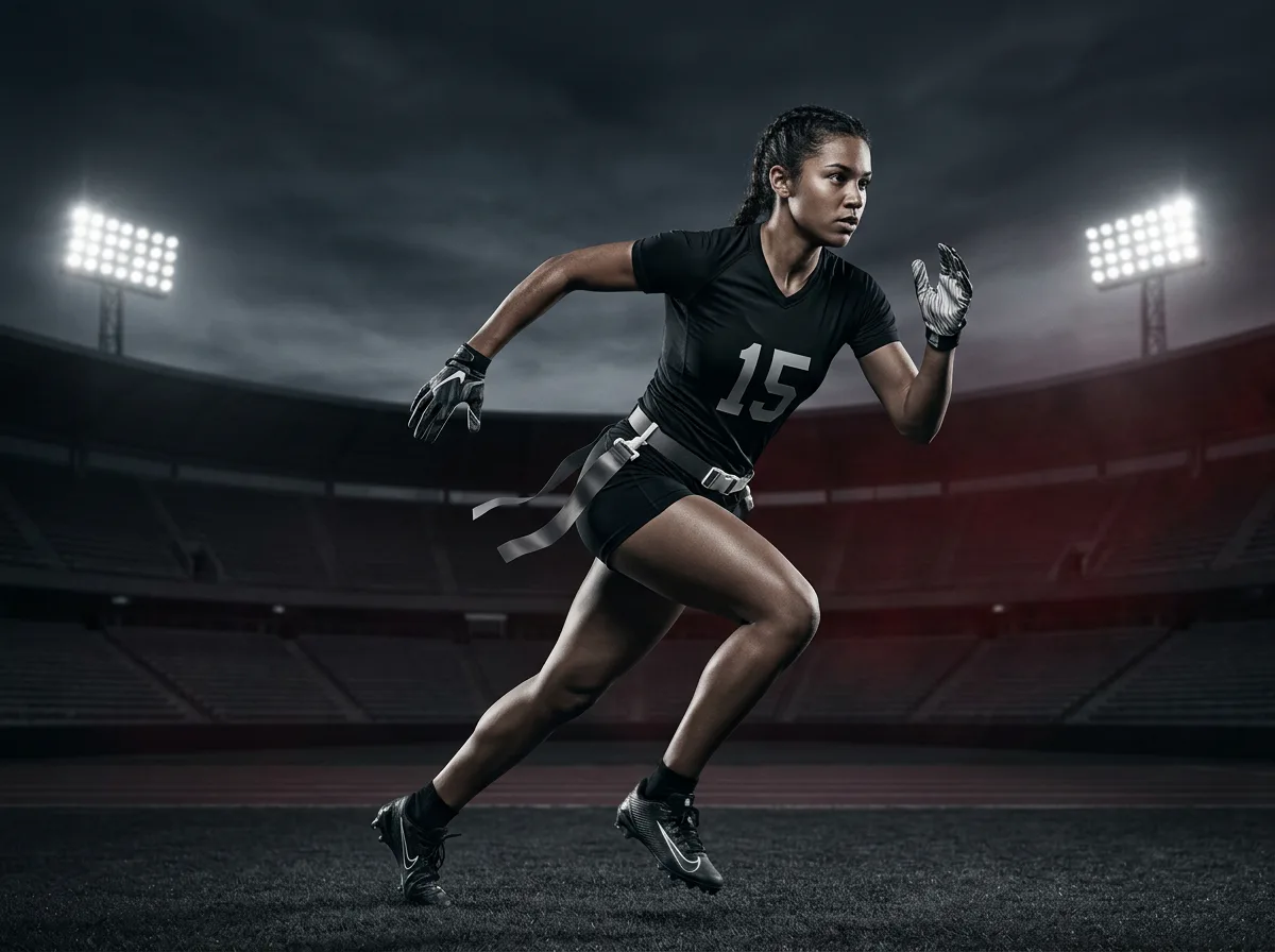 Female flag football athlete running a route under stadium lights