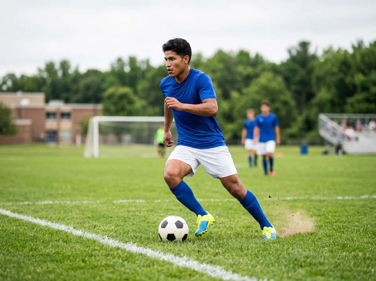 Latino youth soccer athlete in blue controlling the ball on a bright grass field
