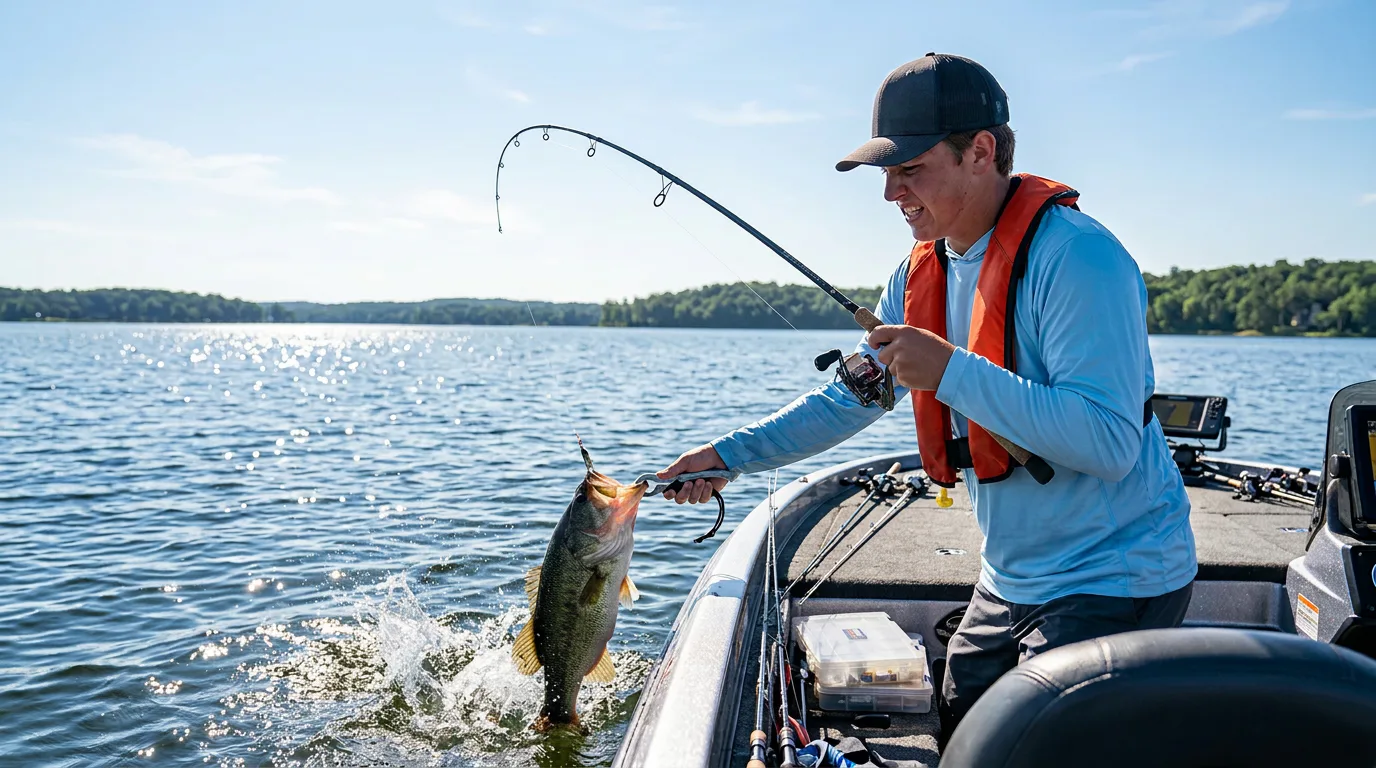Youth competitive angler in unbranded safety gear landing a bass from a boat on a sunny lake