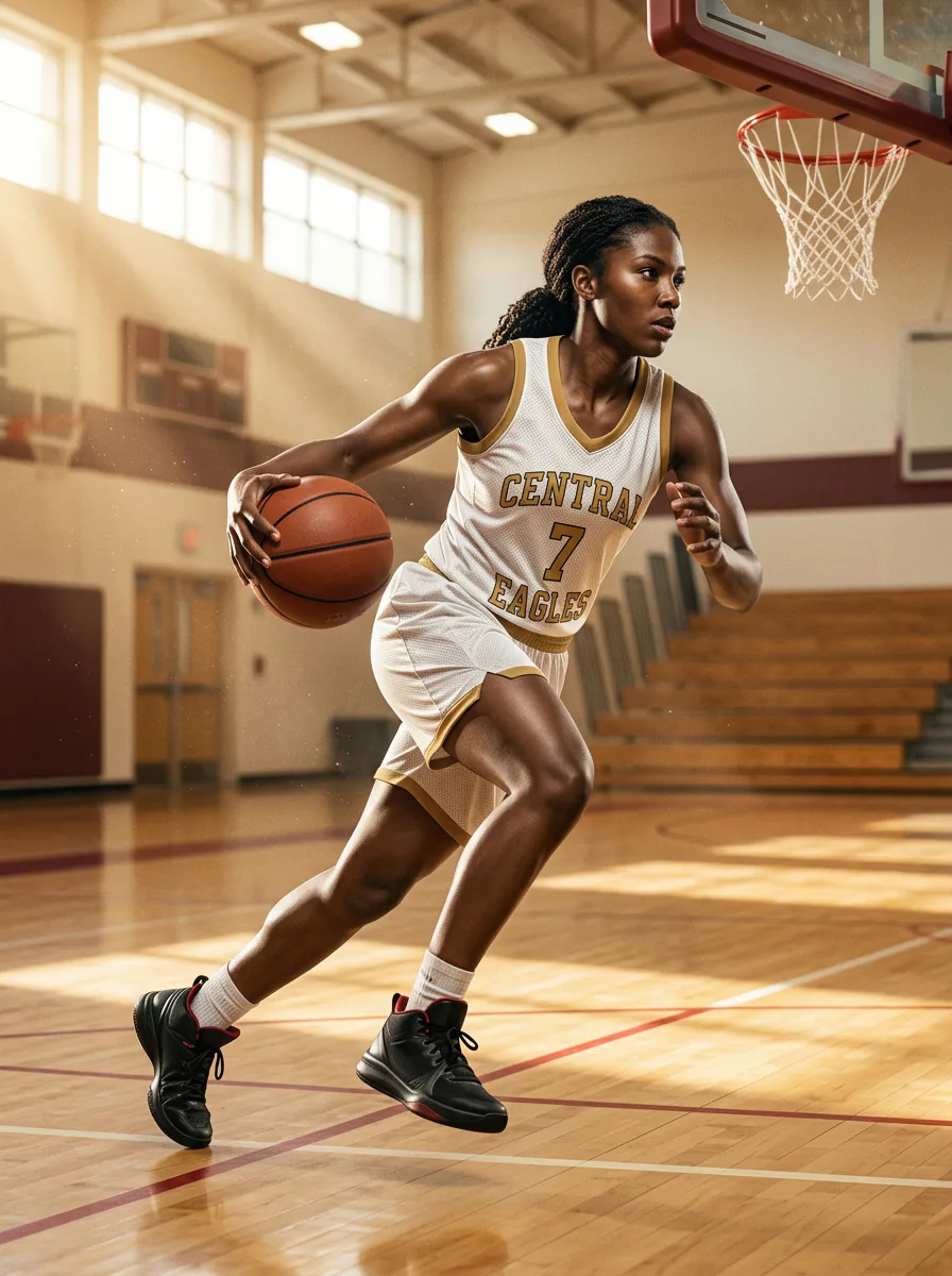 Black girls basketball athlete in a white and gold uniform driving through a sunlit school gym