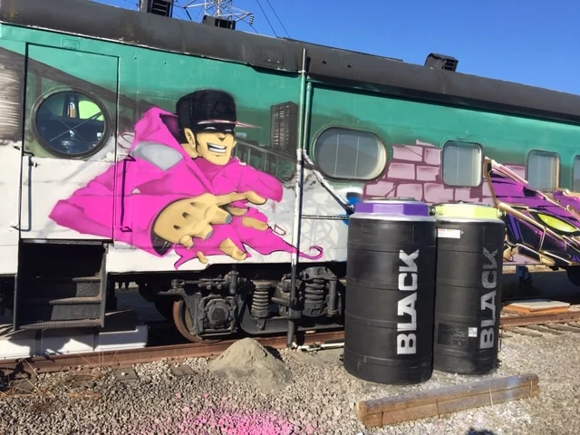 Pink cartoon figure in a wide-brim hat holding a guitar on a green and white train car, with two black barrels in front