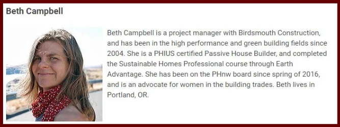 Bio card with a photo of Beth Campbell in a red polka-dot scarf and text describing her as a Birdsmouth project manager