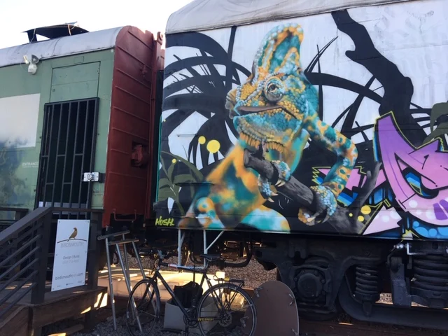Blue and yellow chameleon mural on a white train car, with a bicycle and a sign in front
