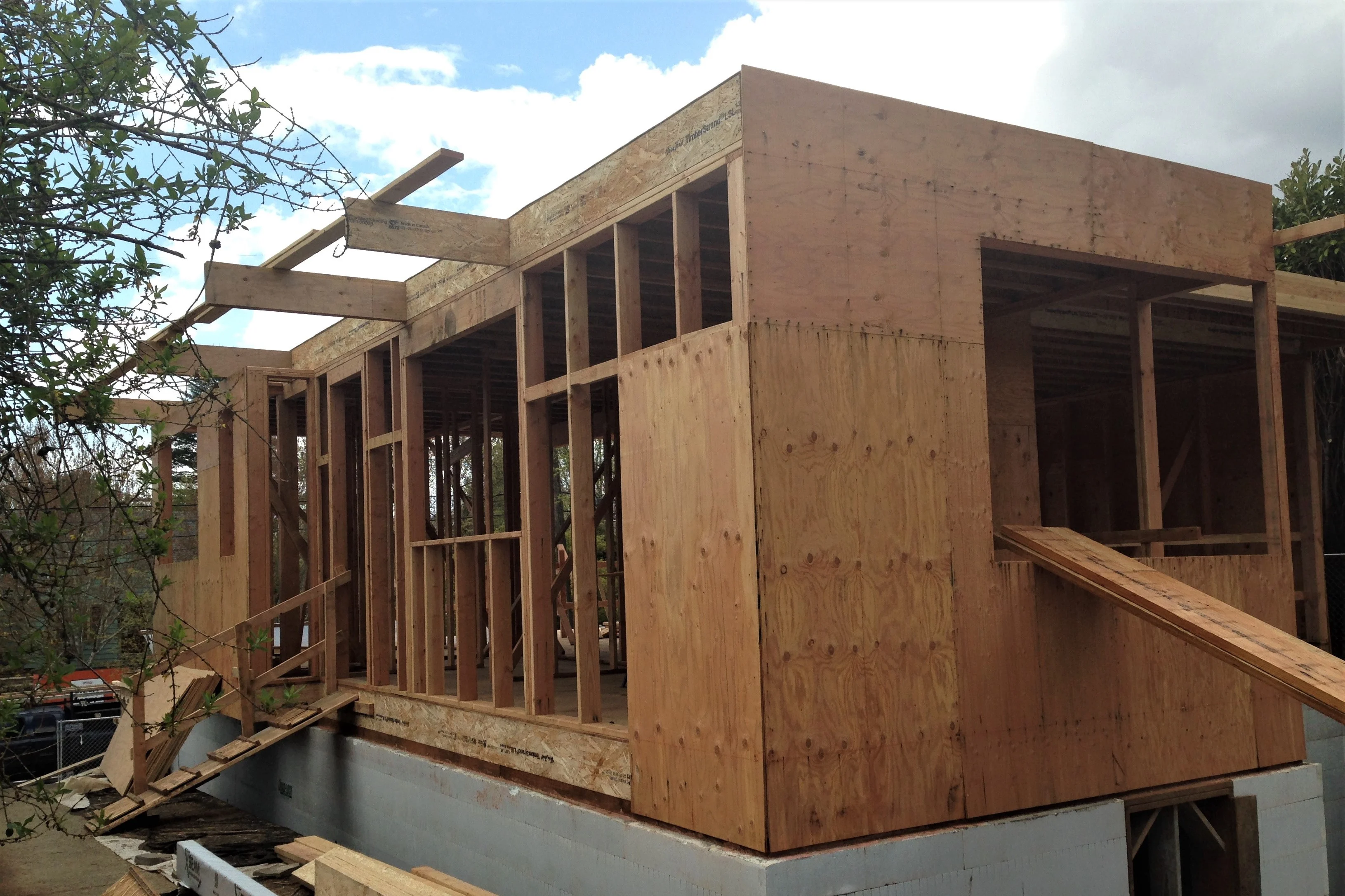Plywood-sheathed wood-frame house under construction, with exposed studs, roof framing, and a board leaning on the wall