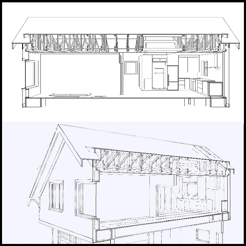 Two black line drawings of a house, a cutaway section above and a 3D exterior view below, showing roof trusses and interior layout