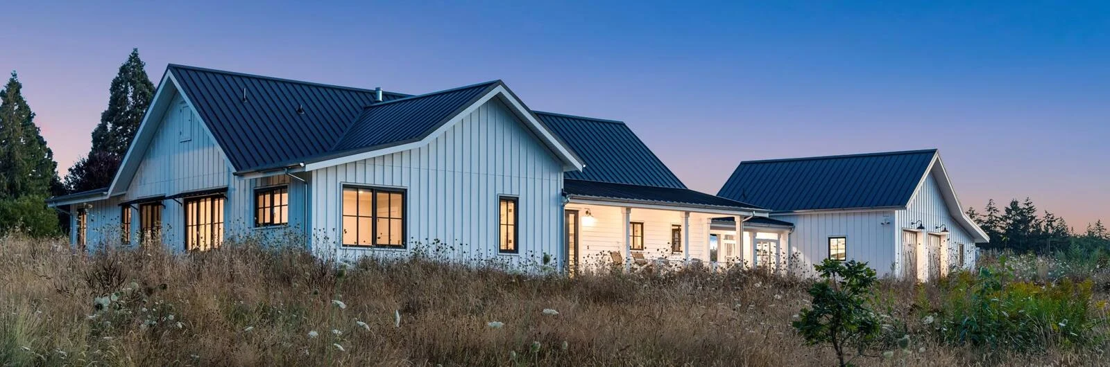 Damascus Passive House at dusk, built by Birdsmouth in Damascus, Oregon