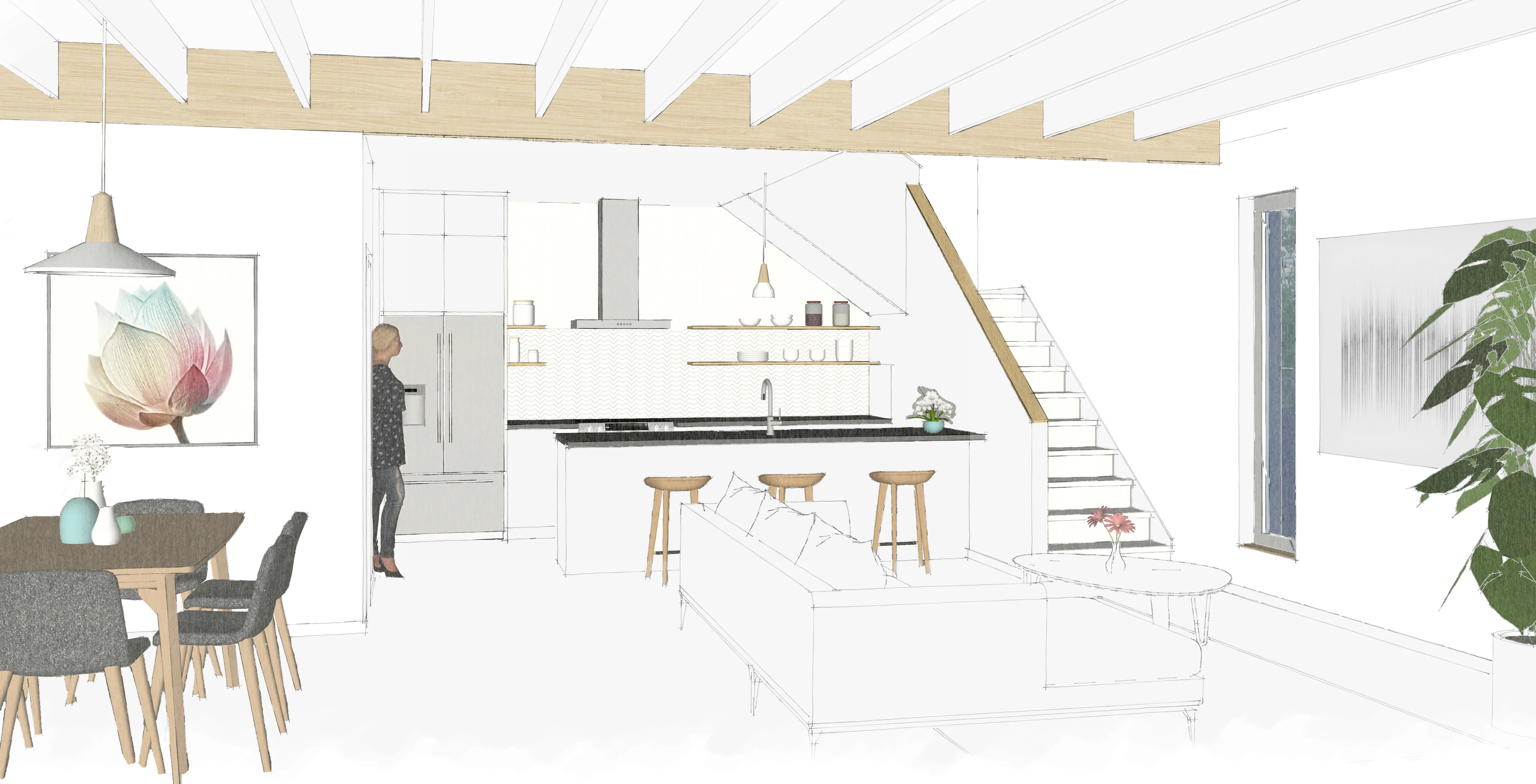 Sketch rendering of an open kitchen with a central island, three wood stools, and a wood staircase