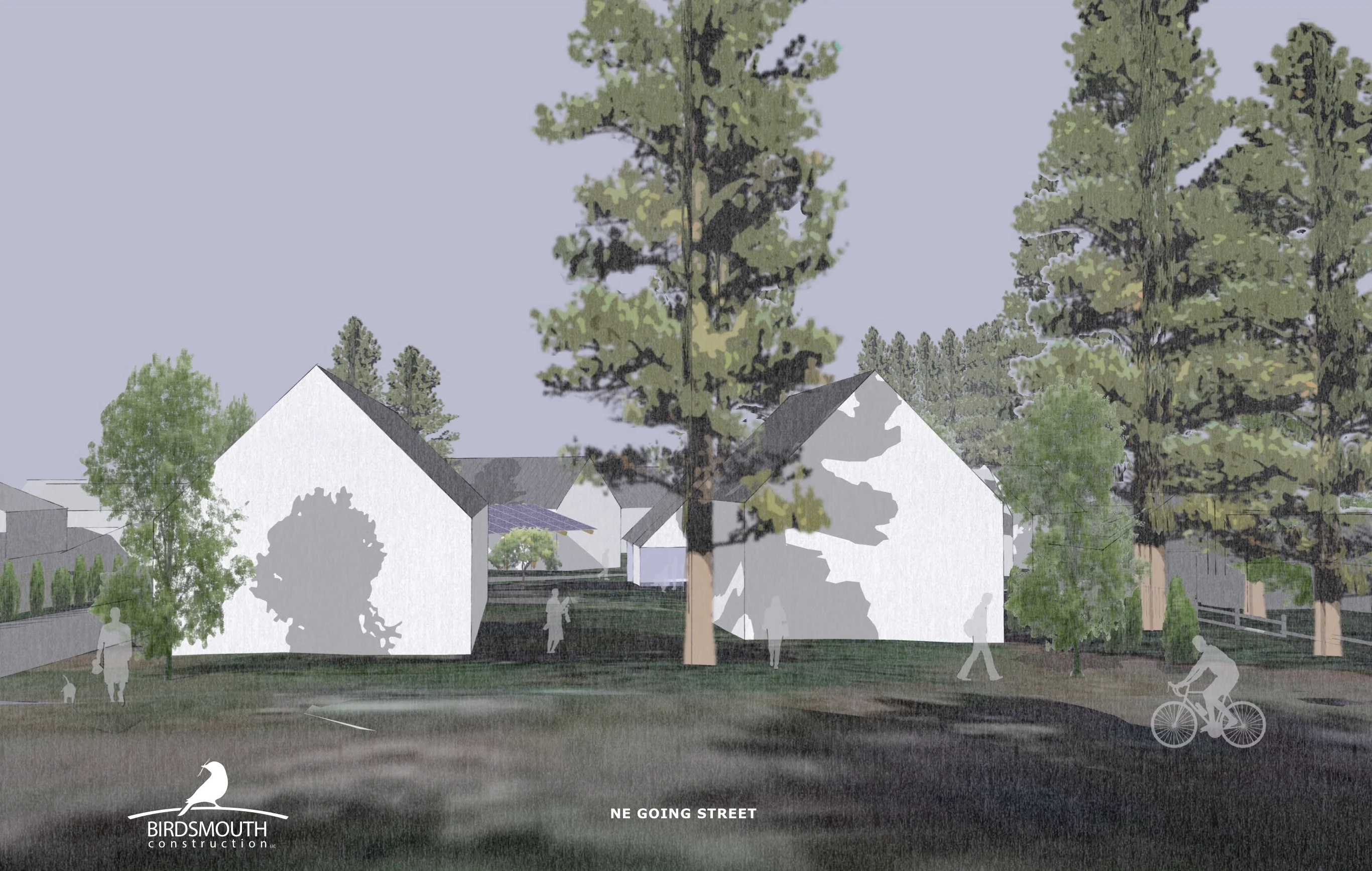 Rendering of white gabled homes among tall pine trees, with walking and biking figures and the caption "NE Going Street"