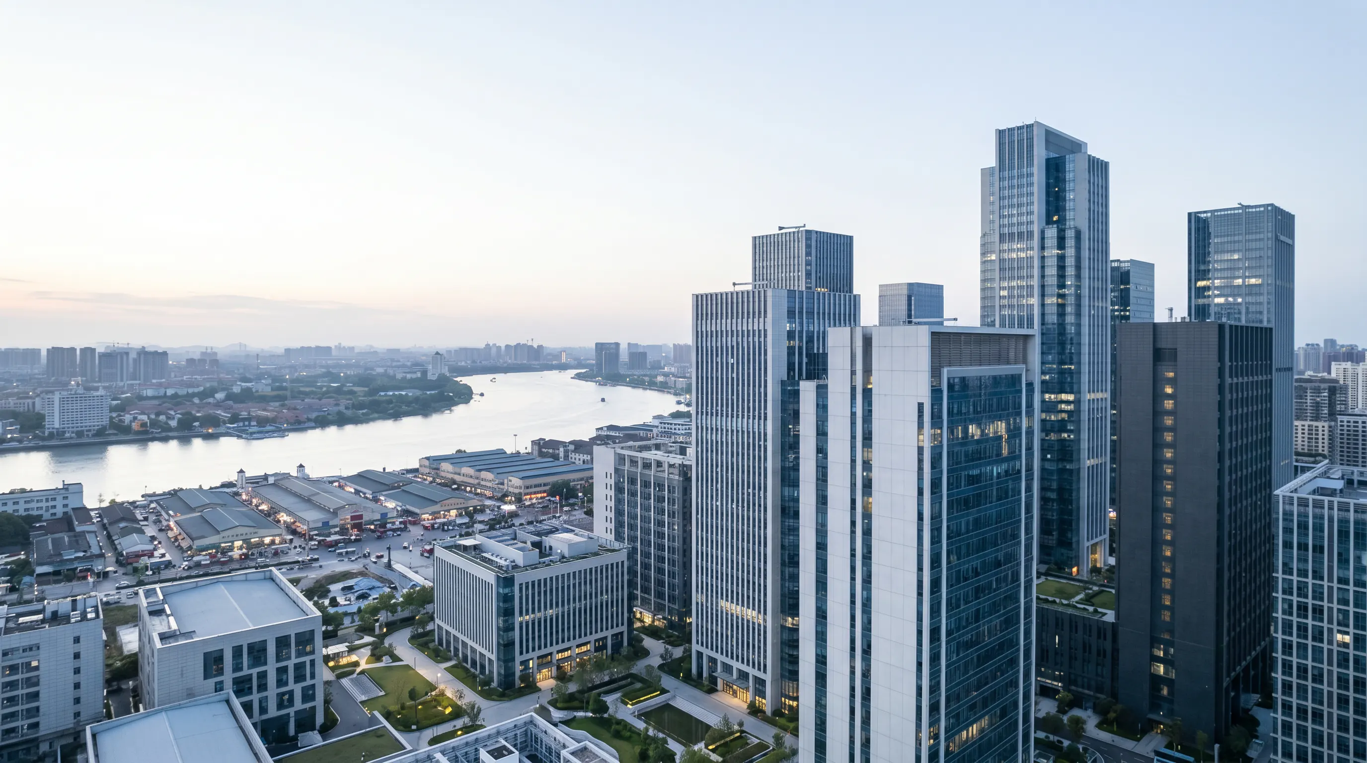 Modern commercial real estate skyline near a river