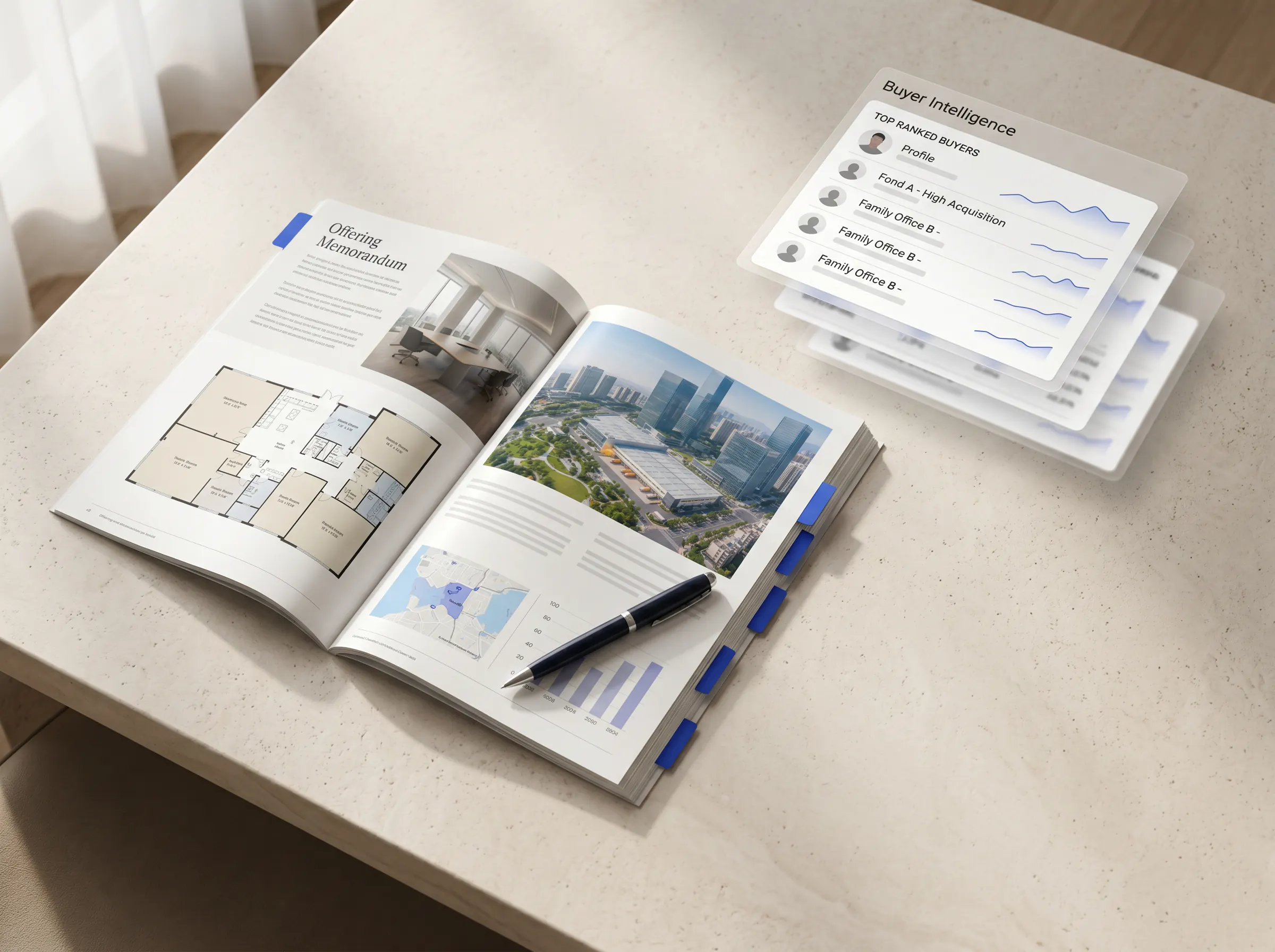 Offering memorandum arranged on a broker's desk