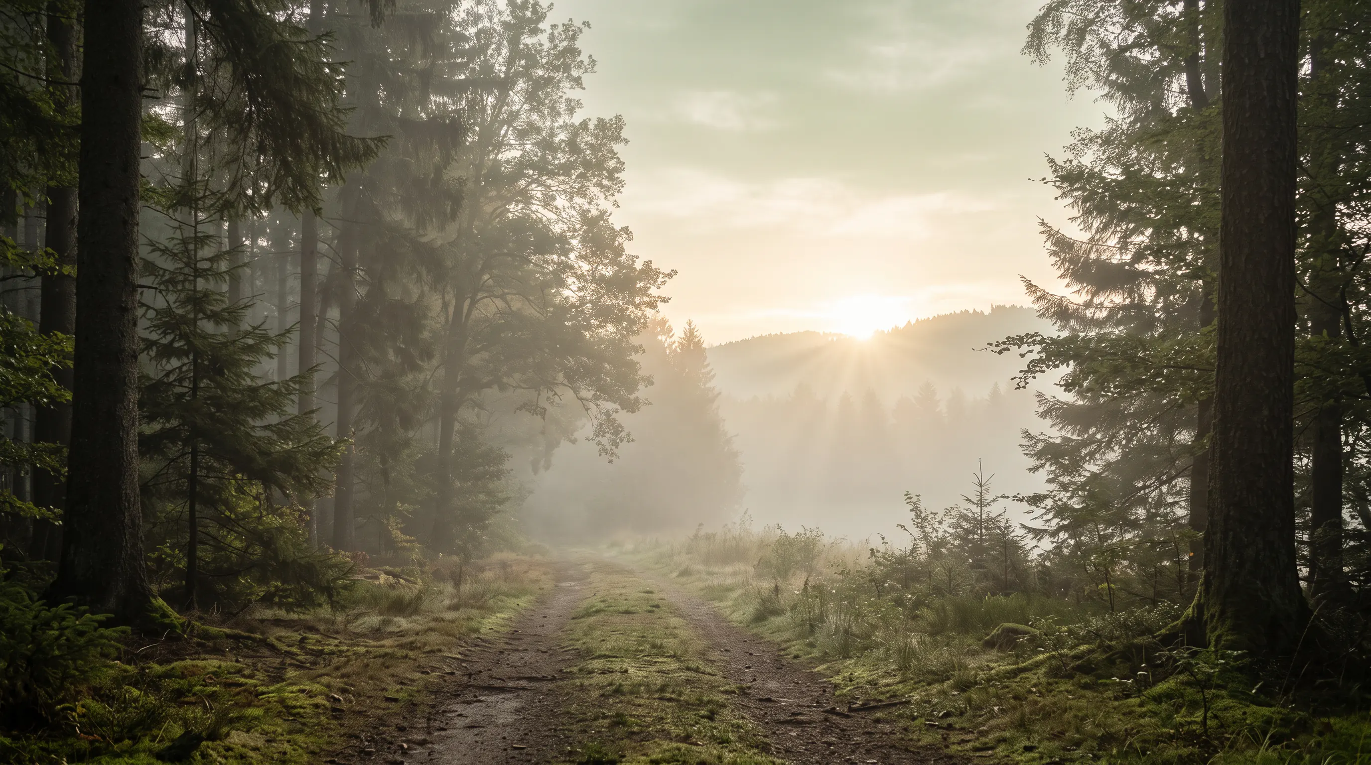 A quiet forest path opening into morning light