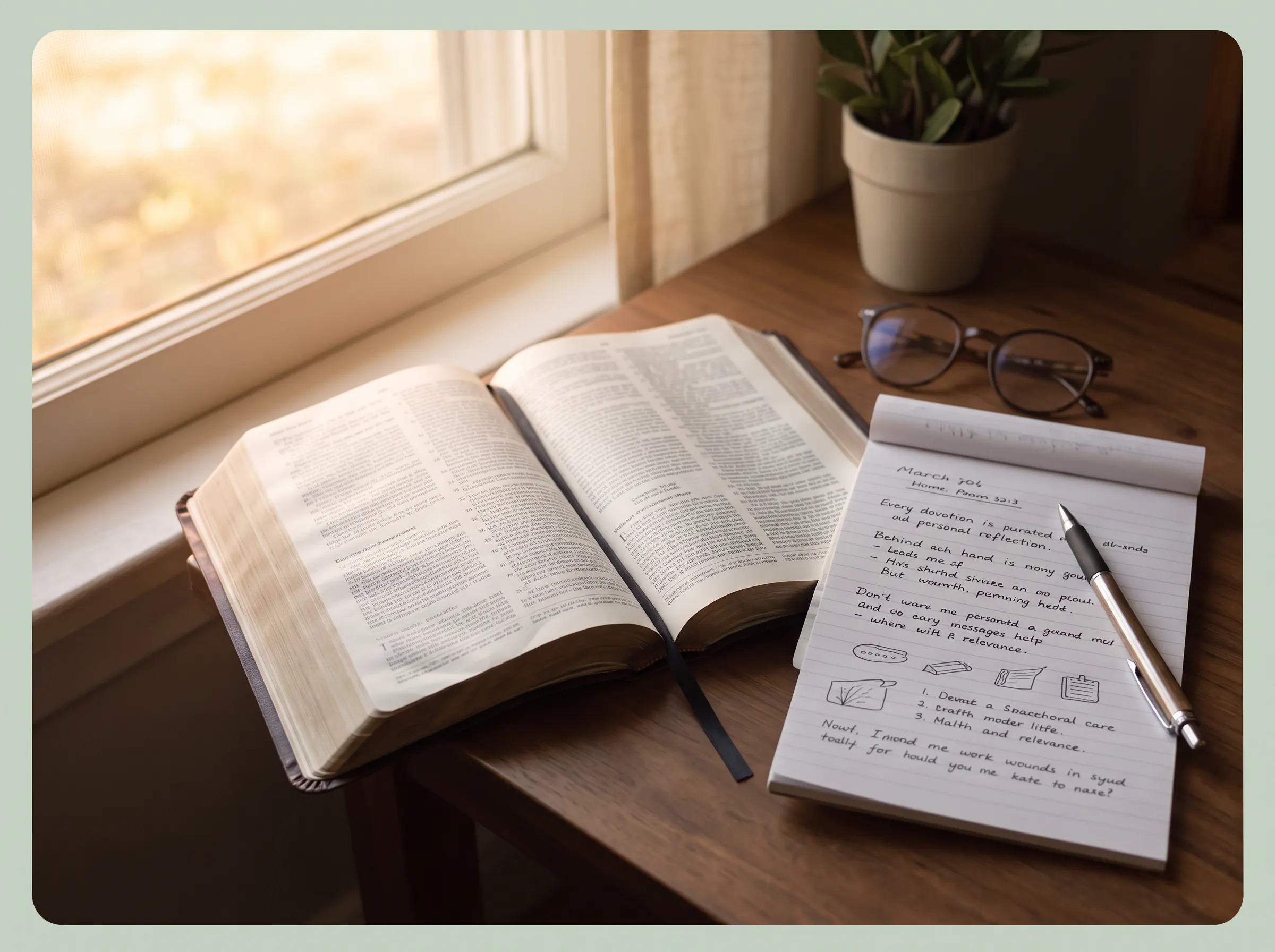 An open Bible and handwritten notes by a sunlit window