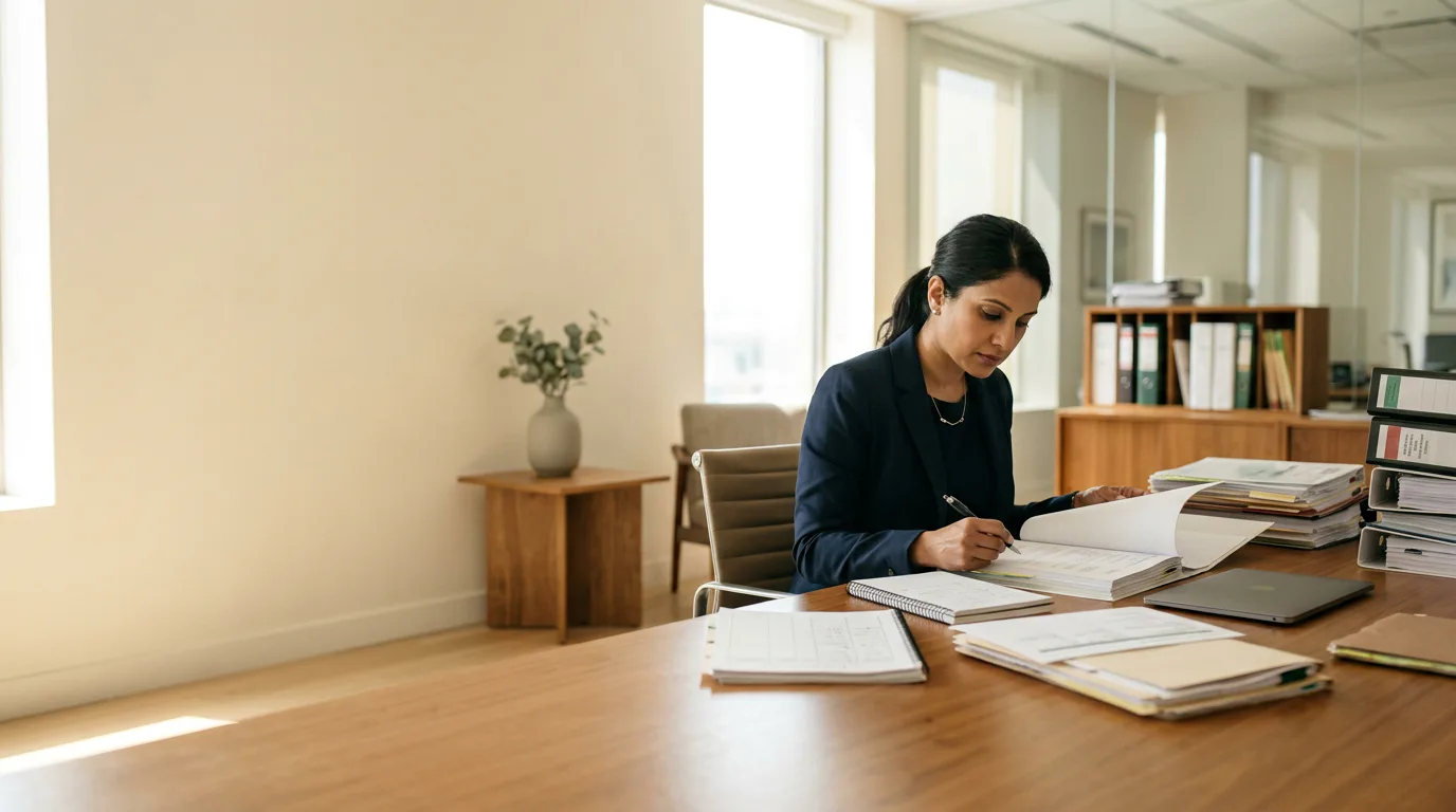 Mass tort lawyer organizing claimant records and reviewing a case packet