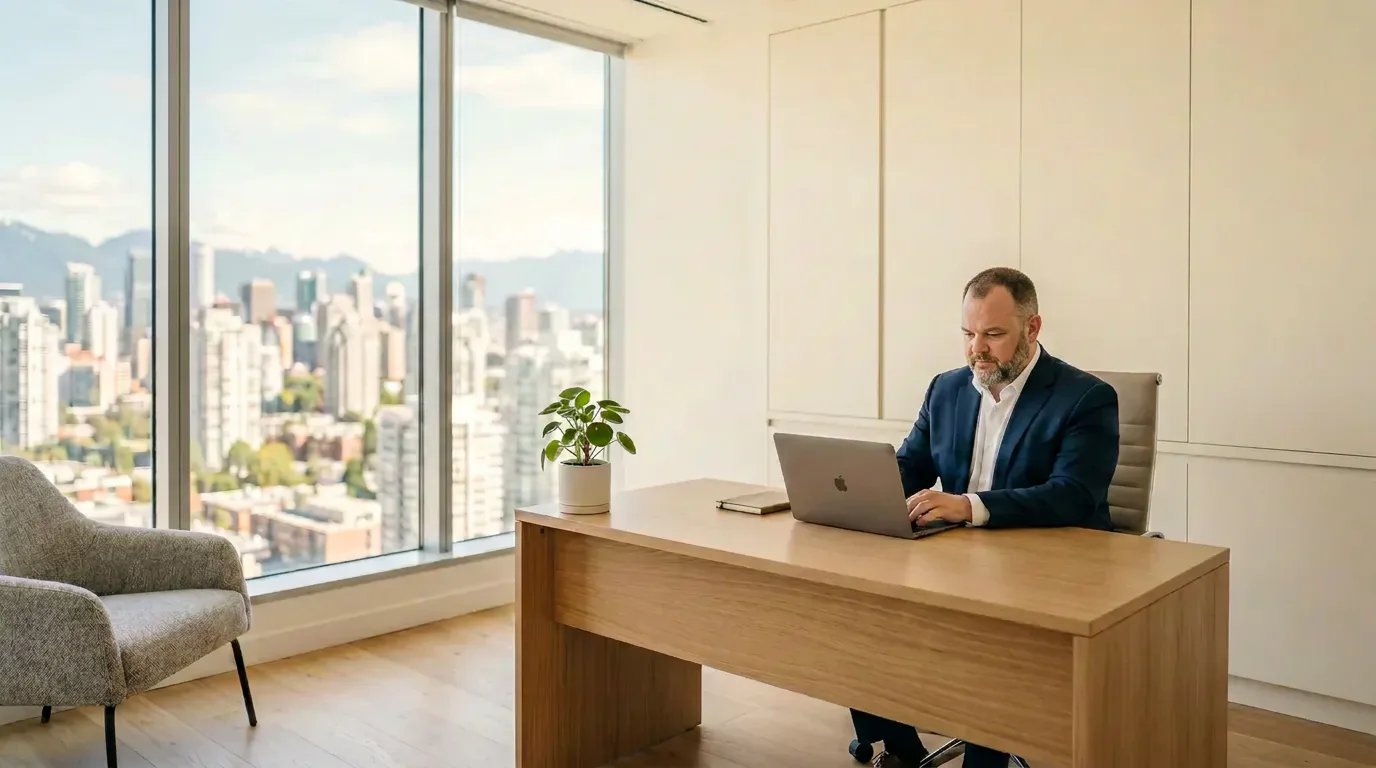 The referenced male lawyer working at a desk with a computer in a bright modern office