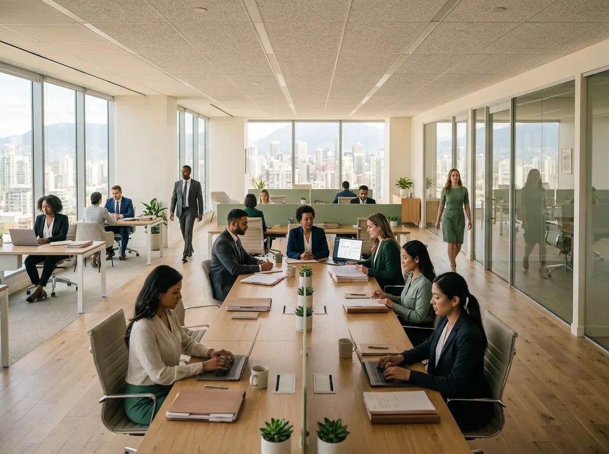 A large legal team coordinating casework across a modern enterprise firm office