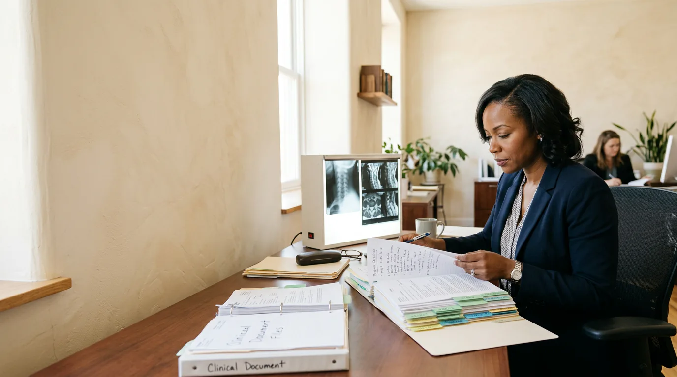 Medical malpractice lawyer reviewing a detailed clinical record and medical imaging