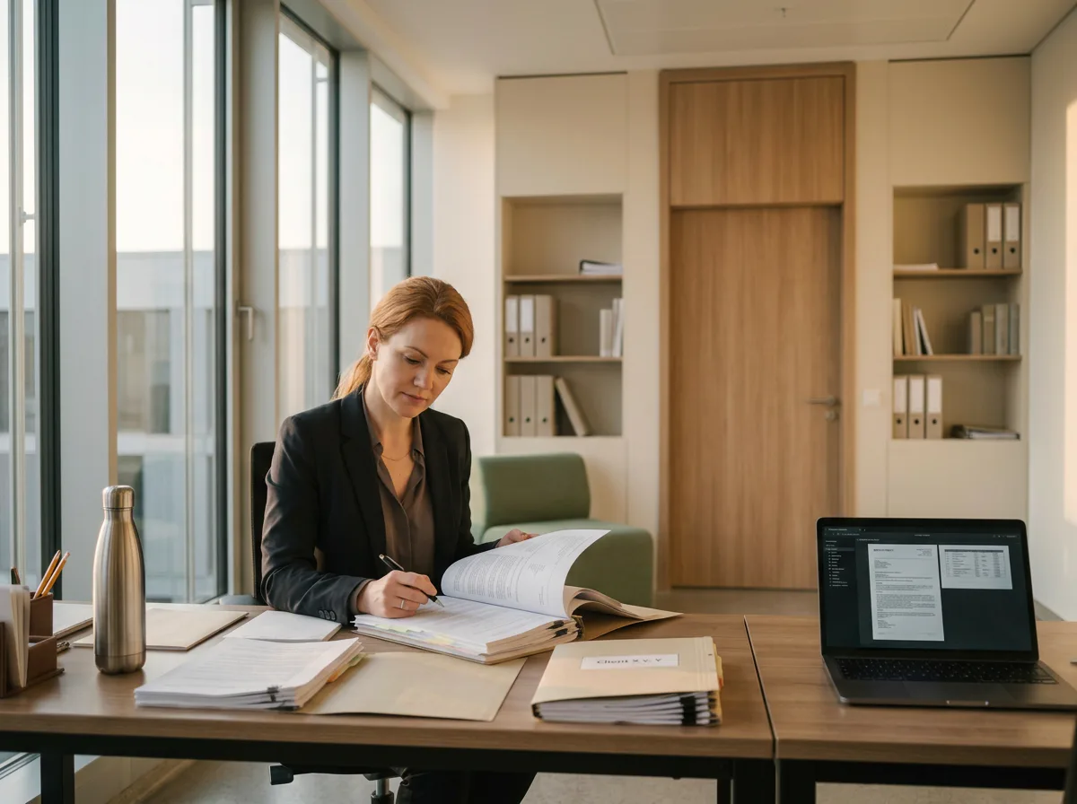 A solo attorney focused on case strategy in a contemporary office