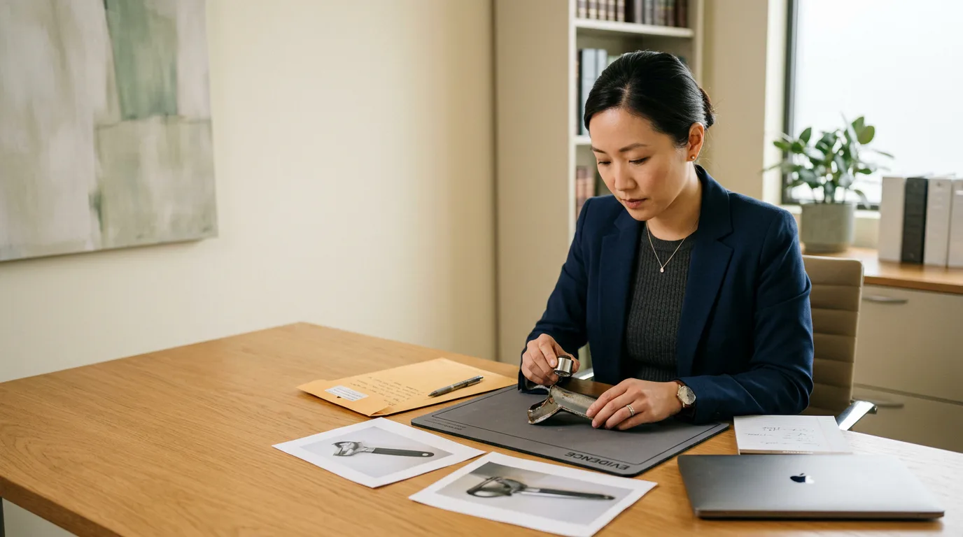 Product liability lawyer examining physical product evidence and supporting photographs