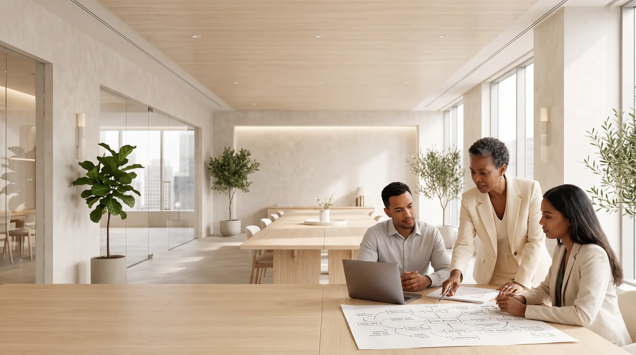 A consultant guiding a law firm operations team through a casework workflow in a bright modern office