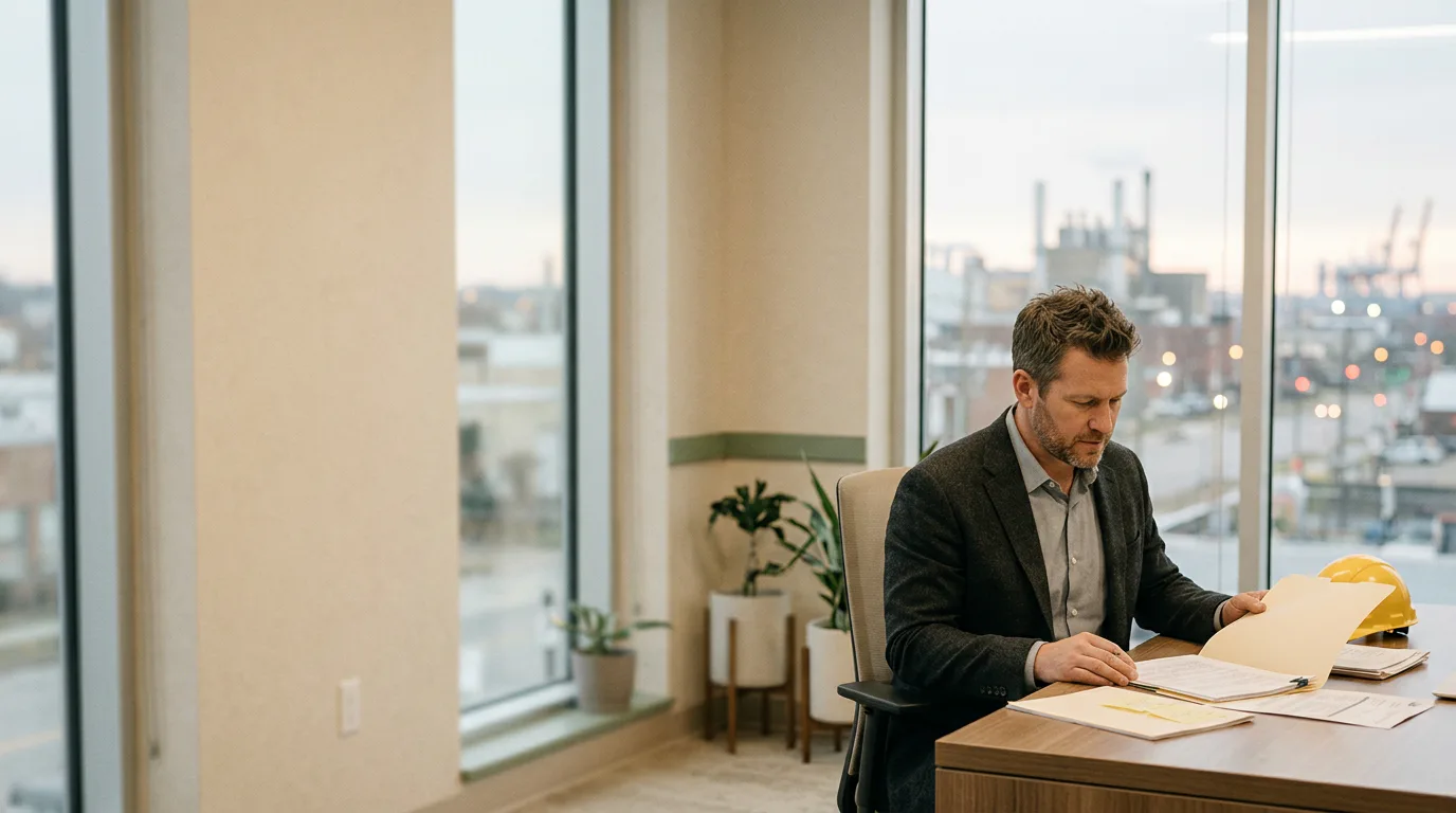 Workplace injury lawyer reviewing an incident file with an industrial site beyond the office