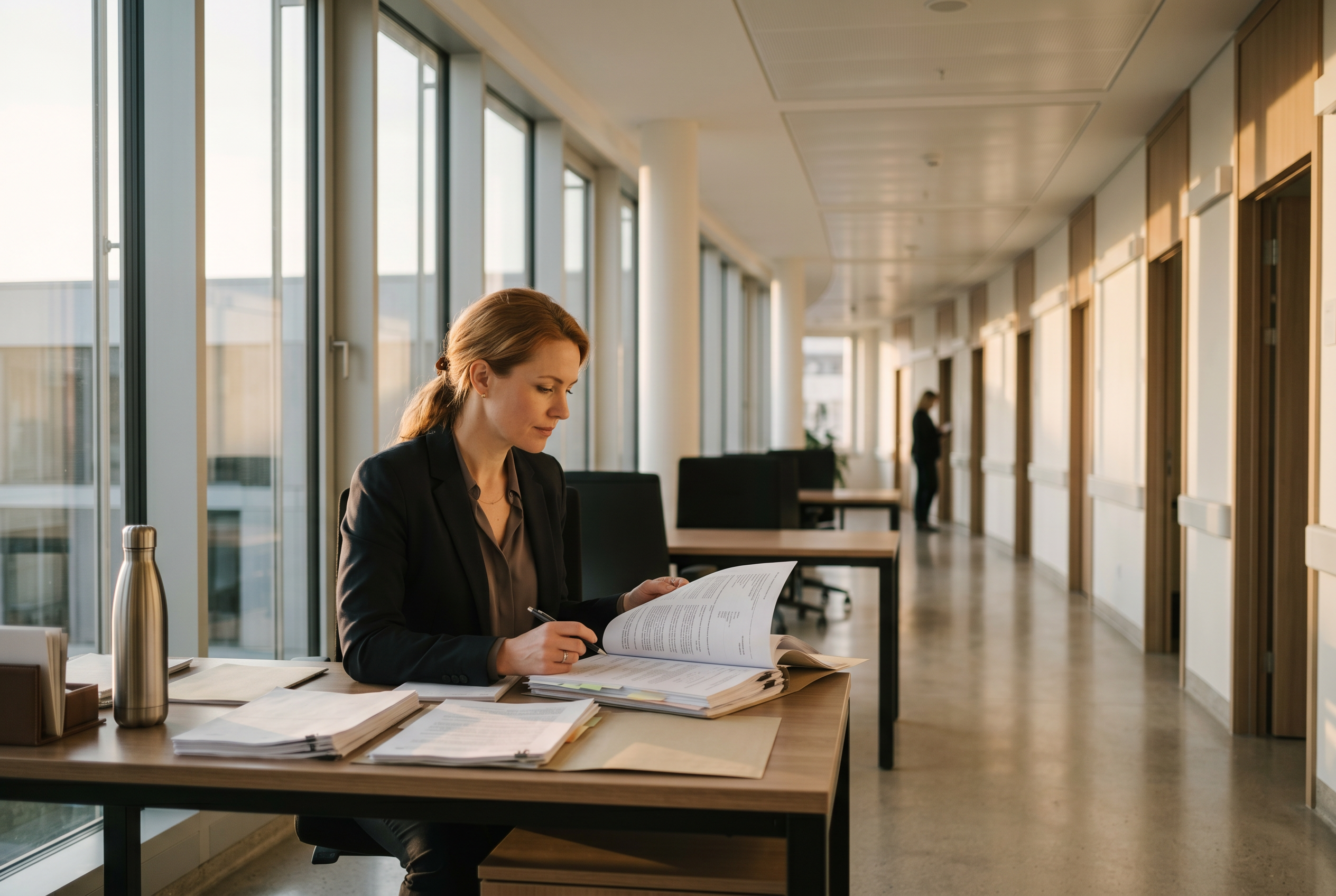A legal professional reviewing case documents in a modern office