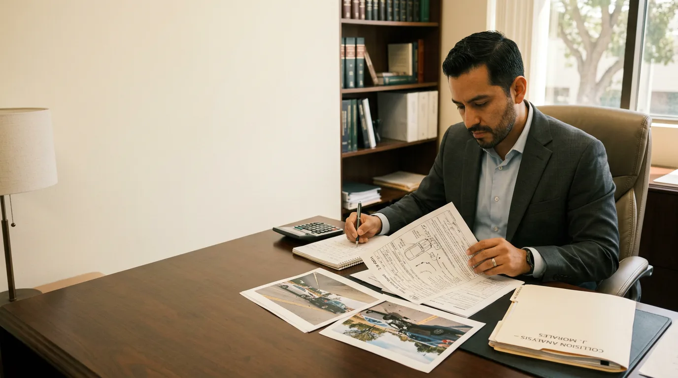 Personal injury lawyer reviewing a collision report and crash evidence in his office