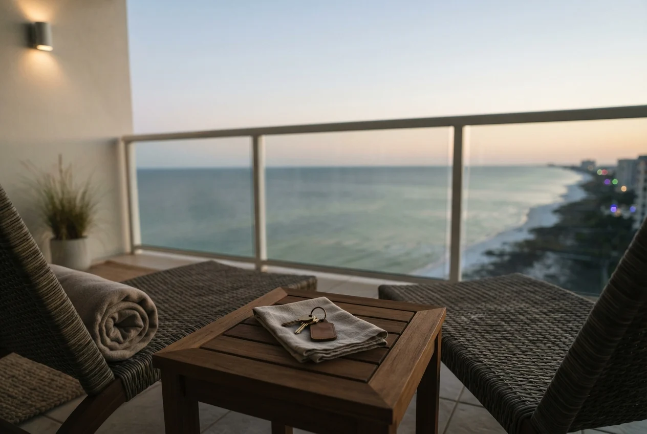 Wicker balcony seating, a wooden table with keys and a folded towel, and an ocean shoreline at dusk.