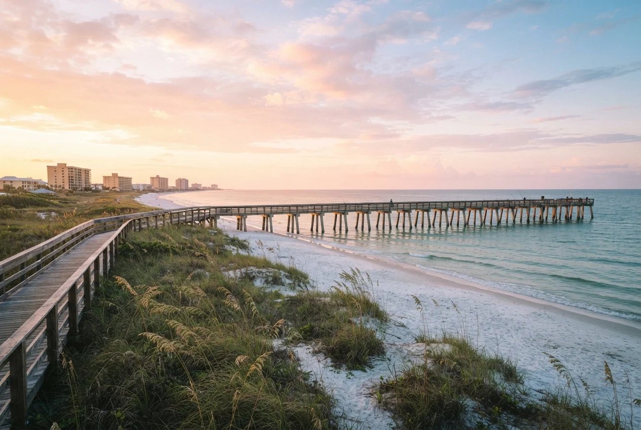 Wooden boardwalk and pier extending over a quiet beach beneath a pastel sunset sky.