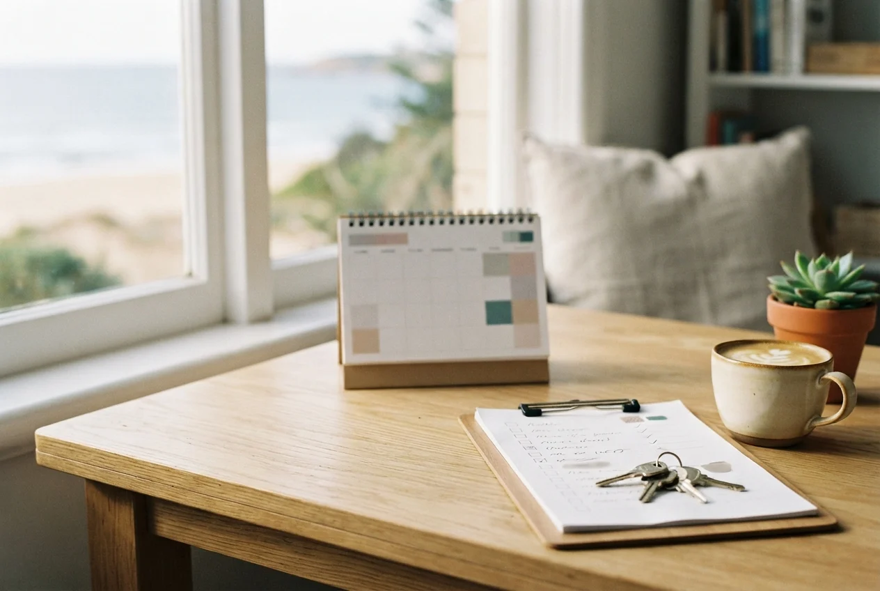 Wooden desk by beach-view windows with a calendar, checklist clipboard, keys, coffee, and potted succulent.