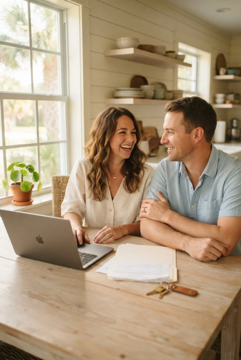 Smiling couple sit at a wooden kitchen table with a laptop, paperwork, keys, and shelves of dishes behind them.